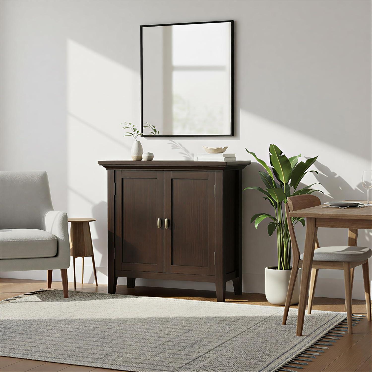 imageSIMPLIHOME Redmond SOLID WOOD 32 inch Wide Transitional Low Storage Cabinet in Rustic Natural Aged Brown for the Living Room Entryway and Family RoomBrunette Brown