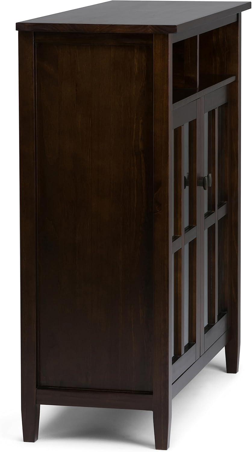 imageSIMPLIHOME Warm Shaker Storage Cabinet 32 inch Wide Solid Wood 2Shelf Low Storage Cabinet in Tobacco Brown Transitional Accent Cabinet for Entryway with Tempered Glass Doors and ShelvesTobacco Brown