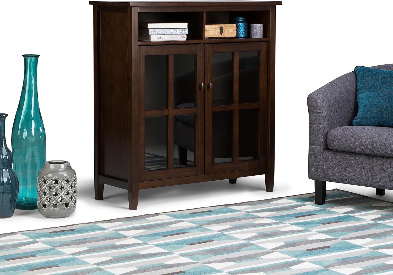 imageSIMPLIHOME Warm Shaker Storage Cabinet 32 inch Wide Solid Wood 2Shelf Low Storage Cabinet in Tobacco Brown Transitional Accent Cabinet for Entryway with Tempered Glass Doors and ShelvesTobacco Brown