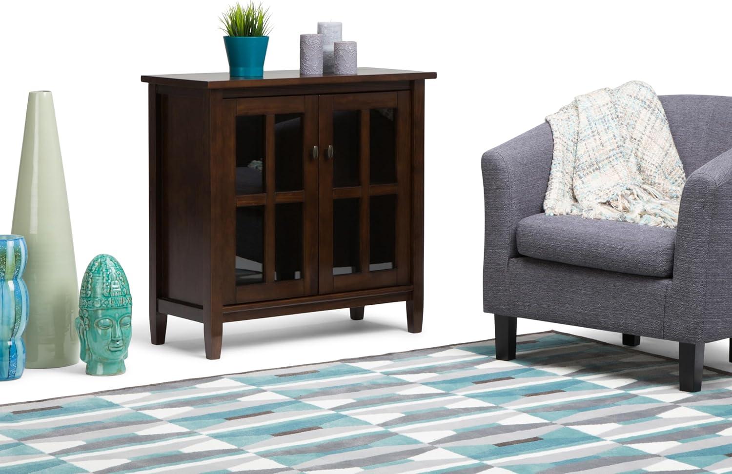 imageSIMPLIHOME Warm Shaker Storage Cabinet 32 inch Wide Solid Wood 2Shelf Low Storage Cabinet in Tobacco Brown Transitional Accent Cabinet for Entryway with Tempered Glass Doors and ShelvesTobacco Brown