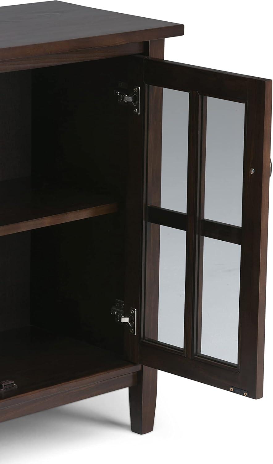 imageSIMPLIHOME Warm Shaker Storage Cabinet 32 inch Wide Solid Wood 2Shelf Low Storage Cabinet in Tobacco Brown Transitional Accent Cabinet for Entryway with Tempered Glass Doors and ShelvesTobacco Brown