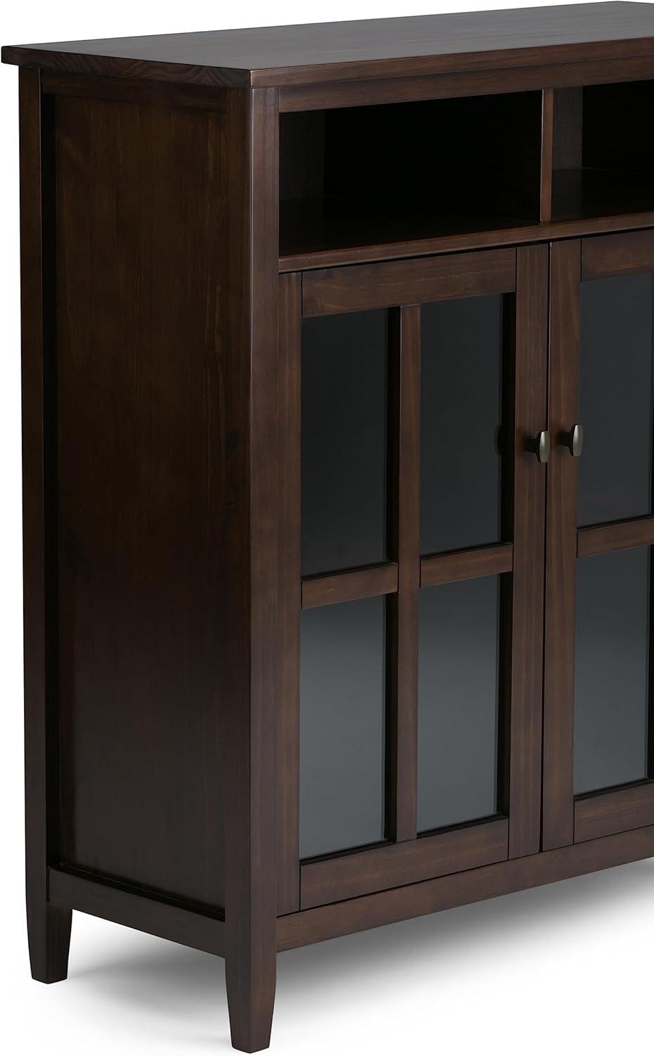 imageSIMPLIHOME Warm Shaker Storage Cabinet 32 inch Wide Solid Wood 2Shelf Low Storage Cabinet in Tobacco Brown Transitional Accent Cabinet for Entryway with Tempered Glass Doors and ShelvesTobacco Brown