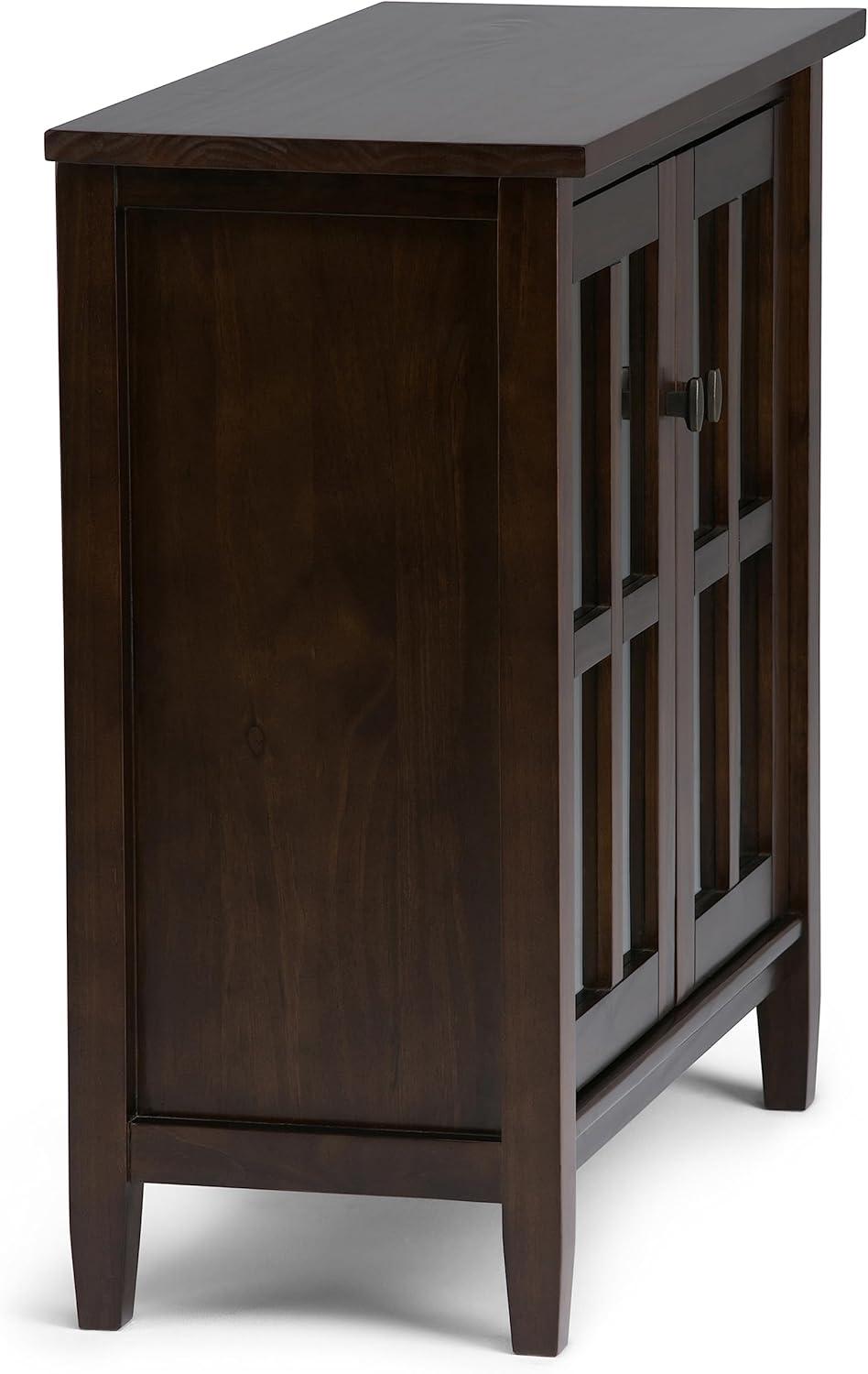 imageSIMPLIHOME Warm Shaker Storage Cabinet 32 inch Wide Solid Wood 2Shelf Low Storage Cabinet in Tobacco Brown Transitional Accent Cabinet for Entryway with Tempered Glass Doors and ShelvesTobacco Brown