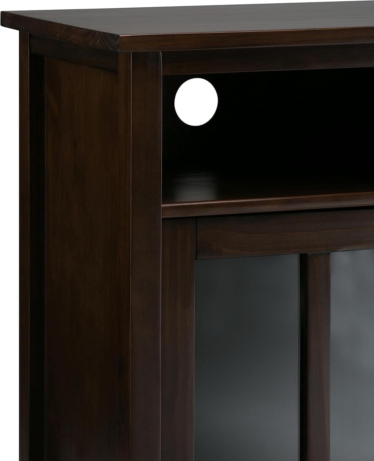 imageSIMPLIHOME Warm Shaker Storage Cabinet 32 inch Wide Solid Wood 2Shelf Low Storage Cabinet in Tobacco Brown Transitional Accent Cabinet for Entryway with Tempered Glass Doors and ShelvesTobacco Brown