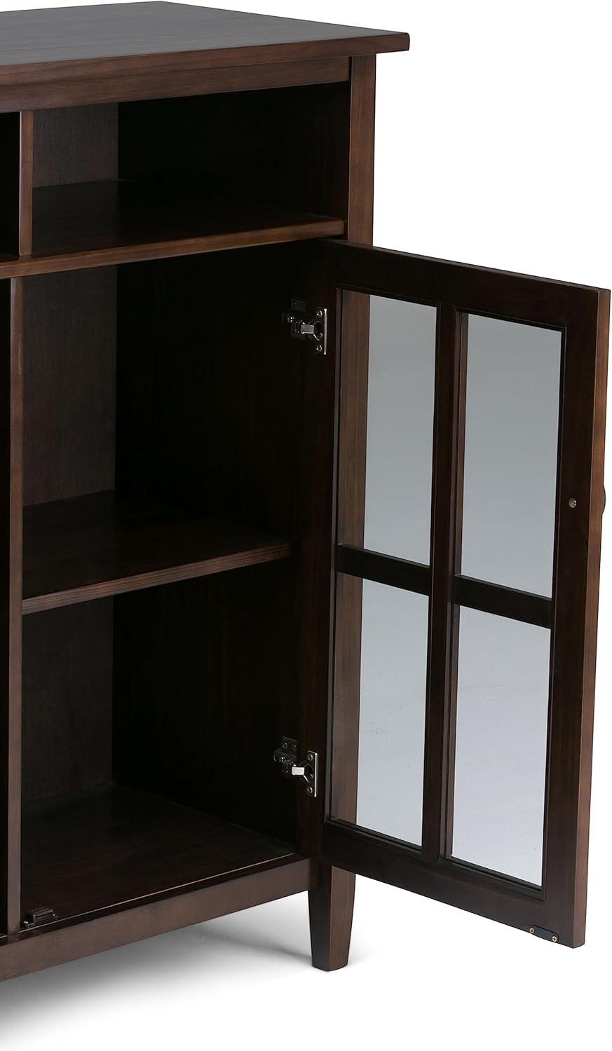 imageSIMPLIHOME Warm Shaker Storage Cabinet 32 inch Wide Solid Wood 2Shelf Low Storage Cabinet in Tobacco Brown Transitional Accent Cabinet for Entryway with Tempered Glass Doors and ShelvesTobacco Brown