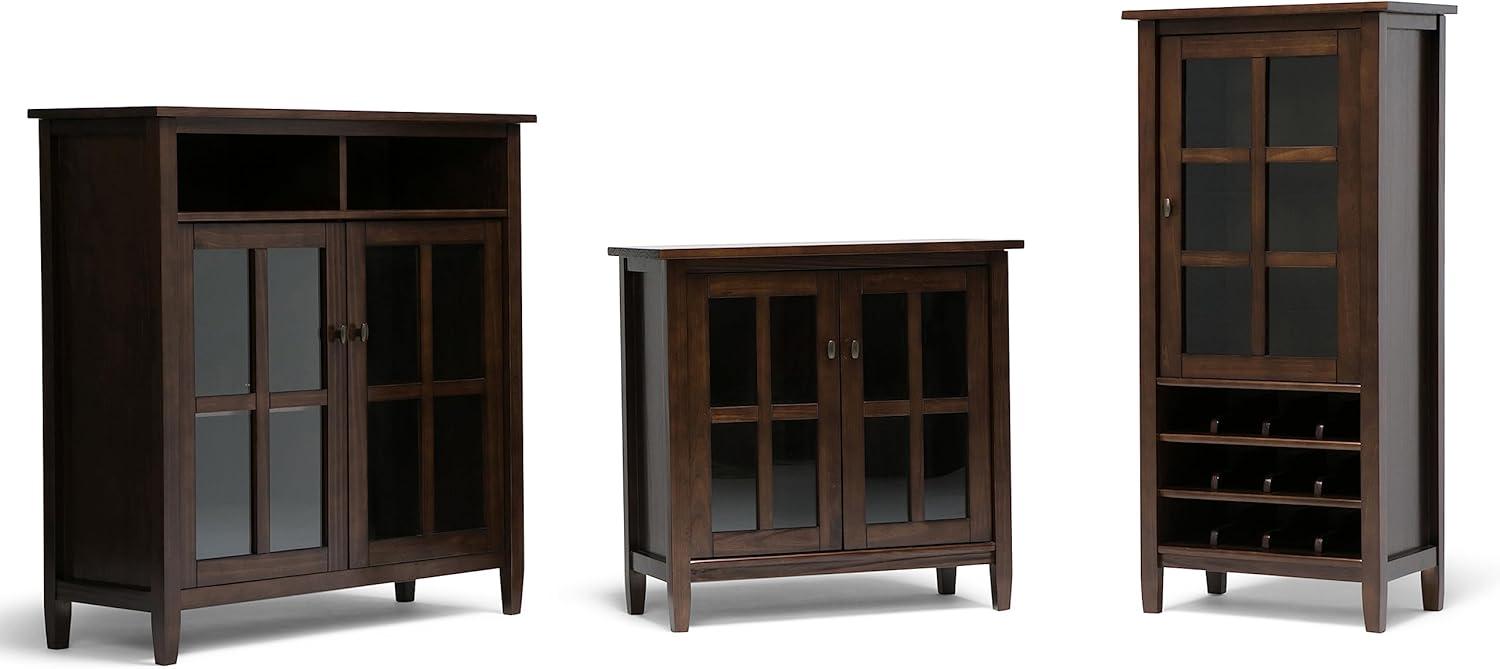 imageSIMPLIHOME Warm Shaker Storage Cabinet 32 inch Wide Solid Wood 2Shelf Low Storage Cabinet in Tobacco Brown Transitional Accent Cabinet for Entryway with Tempered Glass Doors and ShelvesTobacco Brown