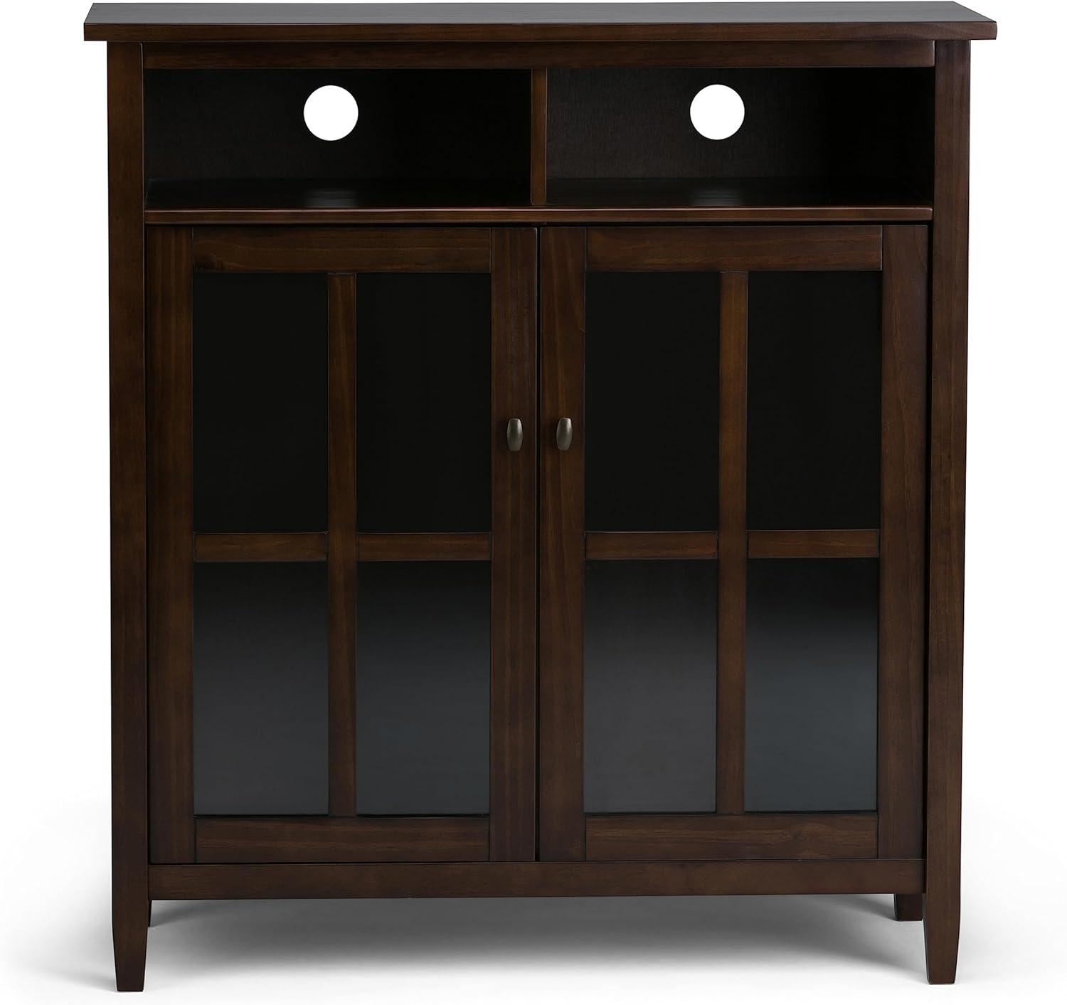 imageSIMPLIHOME Warm Shaker Storage Cabinet 32 inch Wide Solid Wood 2Shelf Low Storage Cabinet in Tobacco Brown Transitional Accent Cabinet for Entryway with Tempered Glass Doors and ShelvesTobacco Brown