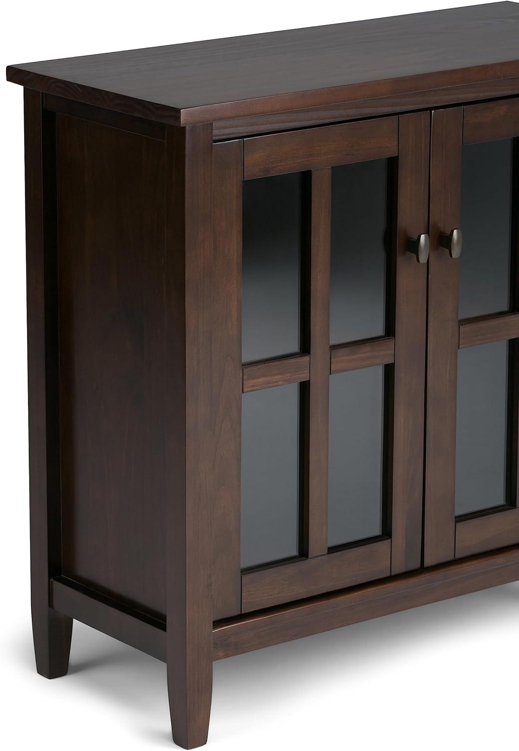 imageSIMPLIHOME Warm Shaker Storage Cabinet 32 inch Wide Solid Wood 2Shelf Low Storage Cabinet in Tobacco Brown Transitional Accent Cabinet for Entryway with Tempered Glass Doors and ShelvesTobacco Brown