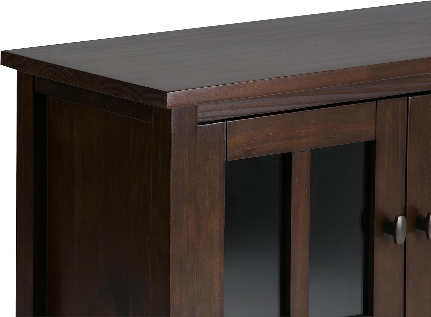 imageSIMPLIHOME Warm Shaker Storage Cabinet 32 inch Wide Solid Wood 2Shelf Low Storage Cabinet in Tobacco Brown Transitional Accent Cabinet for Entryway with Tempered Glass Doors and ShelvesTobacco Brown