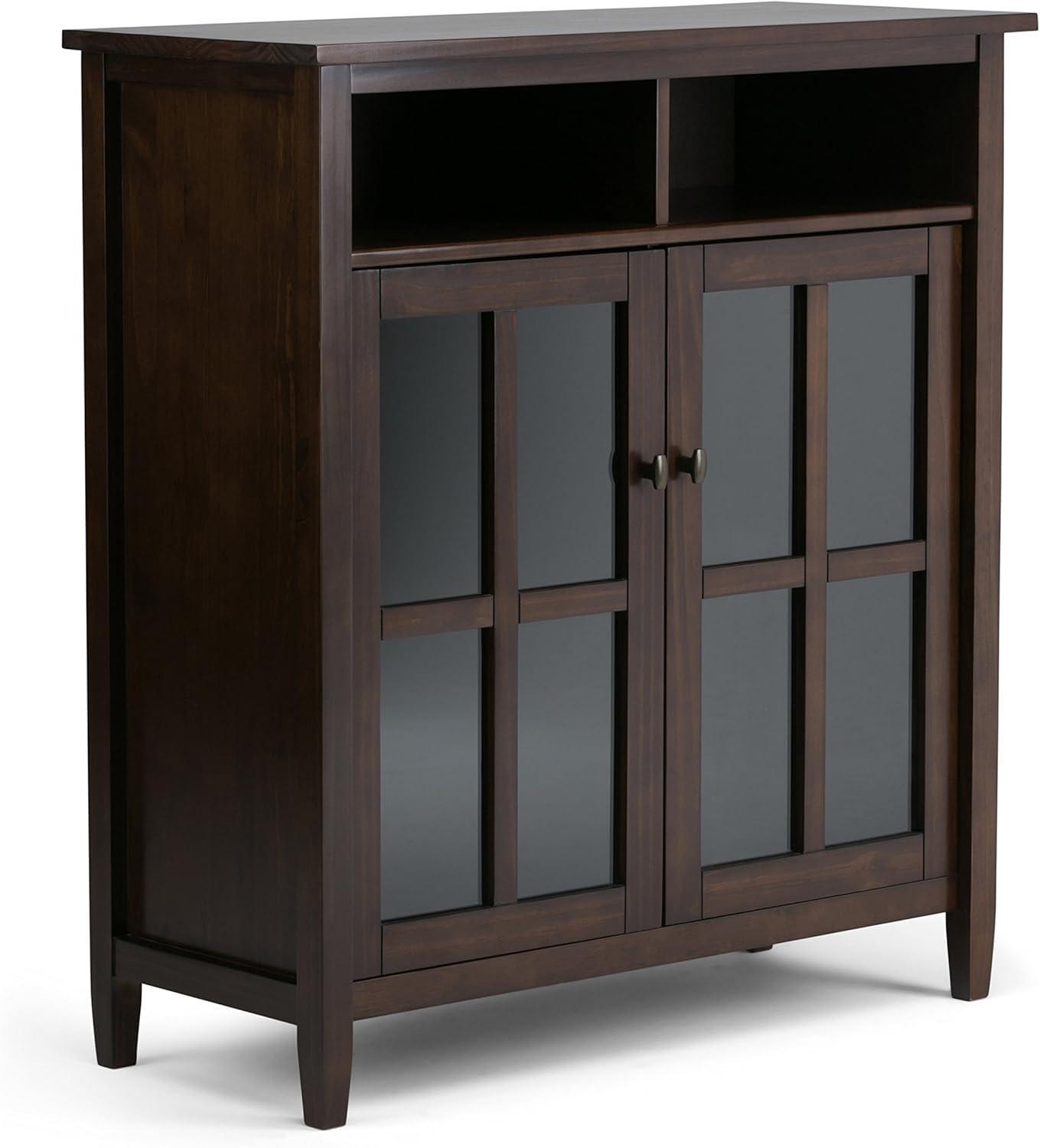 imageSIMPLIHOME Warm Shaker Storage Cabinet 32 inch Wide Solid Wood 2Shelf Low Storage Cabinet in Tobacco Brown Transitional Accent Cabinet for Entryway with Tempered Glass Doors and ShelvesTobacco Brown