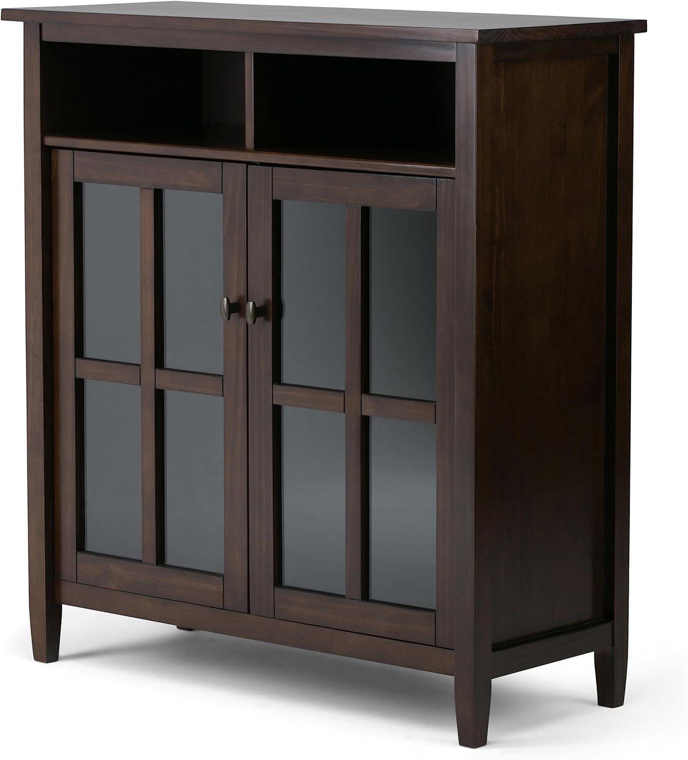 imageSIMPLIHOME Warm Shaker Storage Cabinet 32 inch Wide Solid Wood 2Shelf Low Storage Cabinet in Tobacco Brown Transitional Accent Cabinet for Entryway with Tempered Glass Doors and ShelvesTobacco Brown