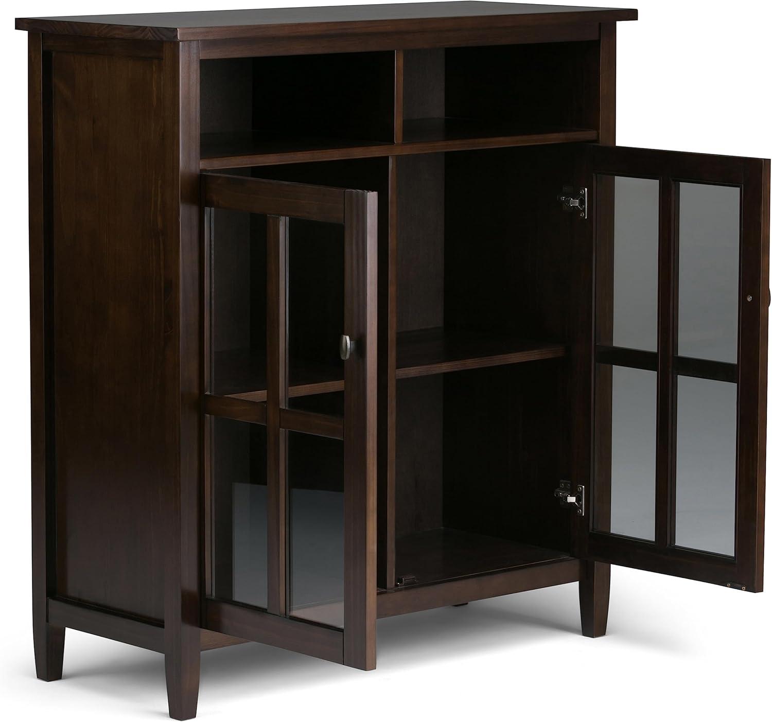 imageSIMPLIHOME Warm Shaker Storage Cabinet 32 inch Wide Solid Wood 2Shelf Low Storage Cabinet in Tobacco Brown Transitional Accent Cabinet for Entryway with Tempered Glass Doors and ShelvesTobacco Brown