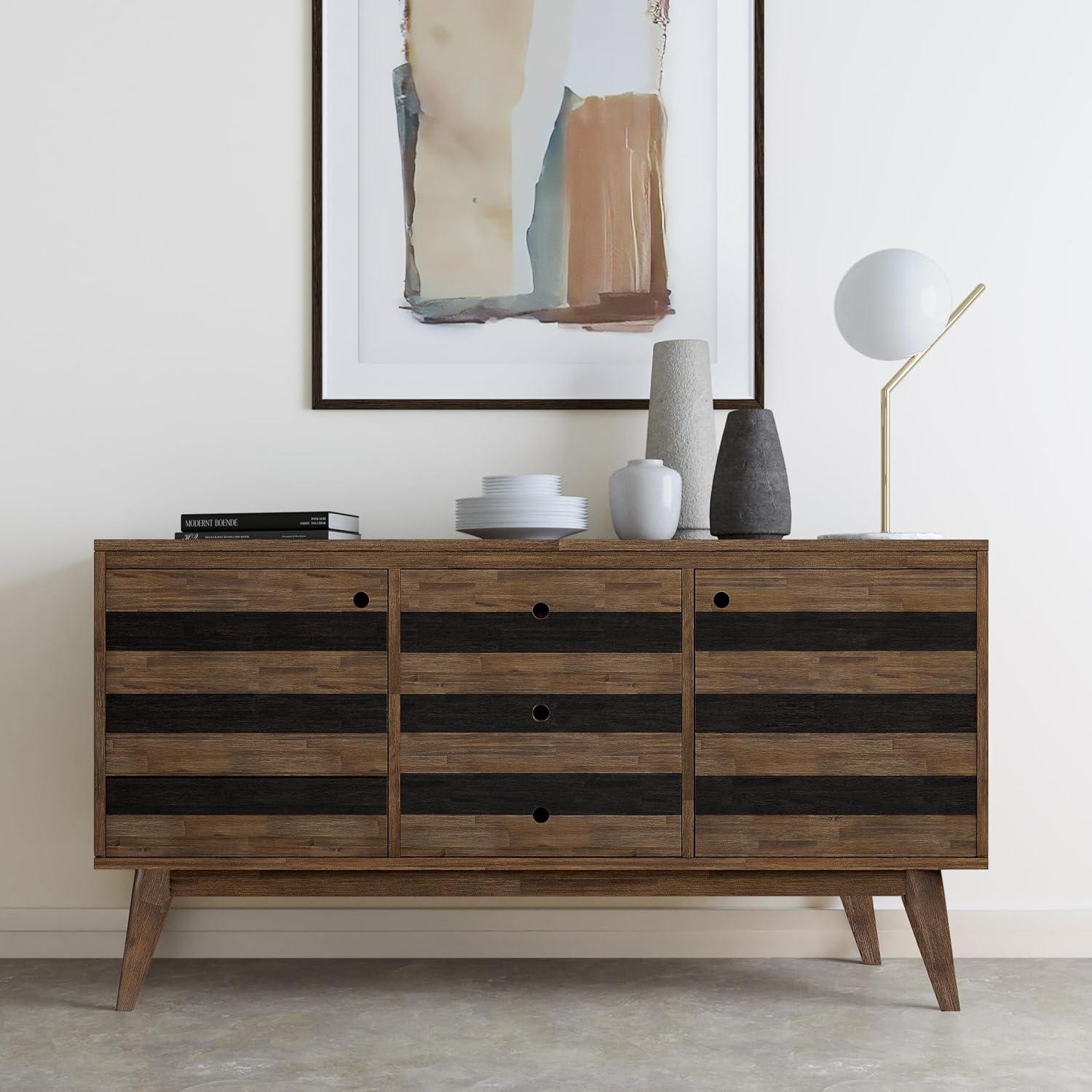 imageSIMPLIHOME Draper Buffet 66 inch Wide Solid Hardwood 4Door Sideboard Buffet in Teak Brown MidCentury Modern Cabinet for Dining Room or Kitchen with Adjustable Shelves and Tapered LegsRustic Natural Aged Brown
