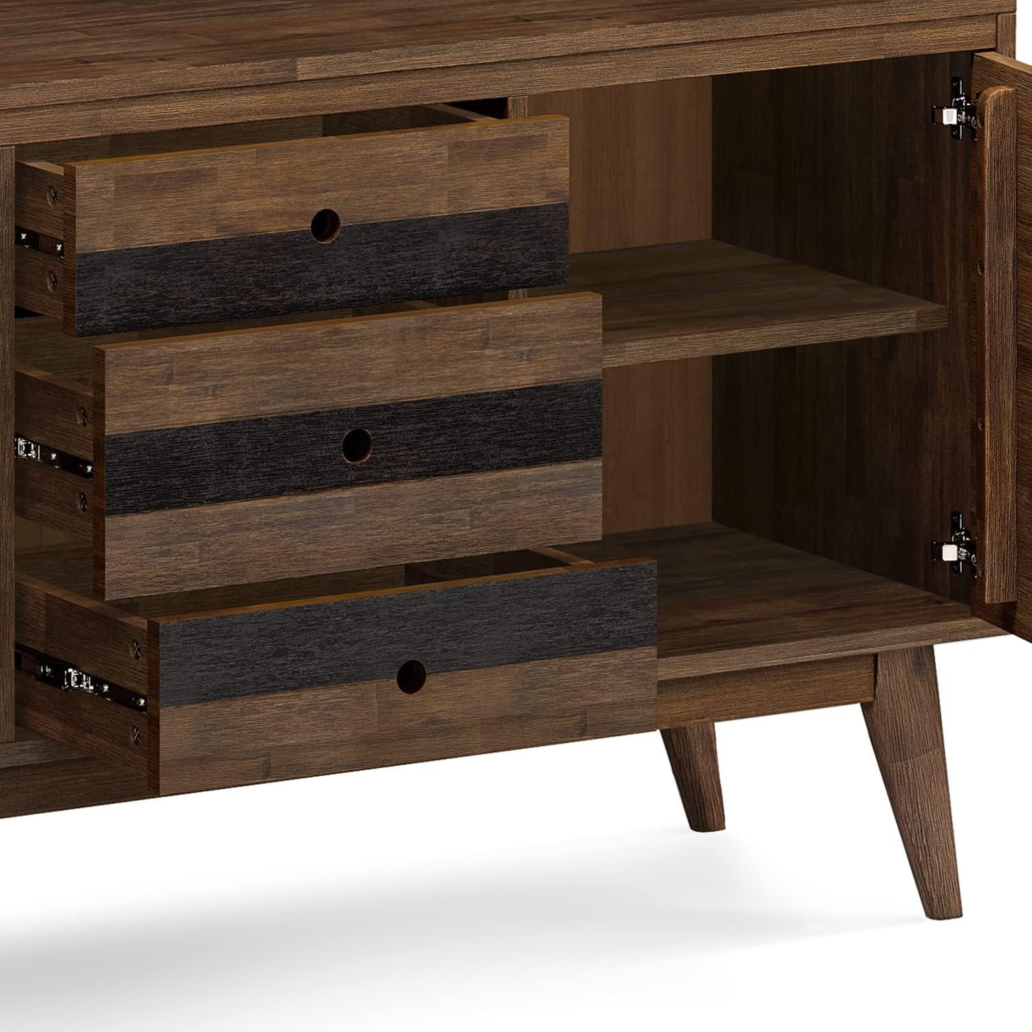 imageSIMPLIHOME Draper Buffet 66 inch Wide Solid Hardwood 4Door Sideboard Buffet in Teak Brown MidCentury Modern Cabinet for Dining Room or Kitchen with Adjustable Shelves and Tapered LegsRustic Natural Aged Brown