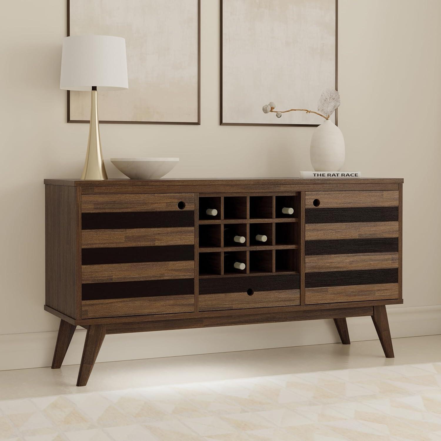 imageSIMPLIHOME Draper Buffet 66 inch Wide Solid Hardwood 4Door Sideboard Buffet in Teak Brown MidCentury Modern Cabinet for Dining Room or Kitchen with Adjustable Shelves and Tapered LegsRustic Natural Aged Brown