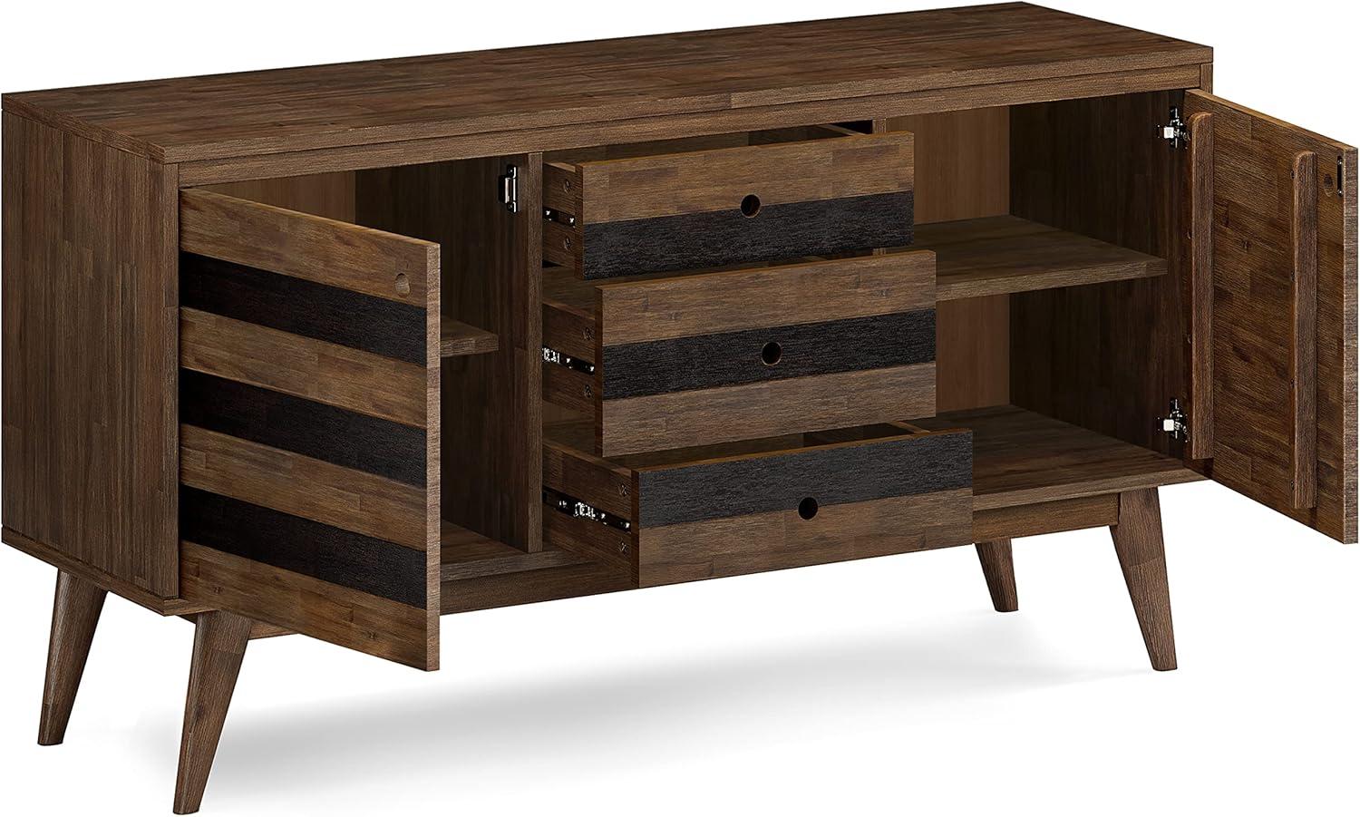 imageSIMPLIHOME Draper Buffet 66 inch Wide Solid Hardwood 4Door Sideboard Buffet in Teak Brown MidCentury Modern Cabinet for Dining Room or Kitchen with Adjustable Shelves and Tapered LegsRustic Natural Aged Brown
