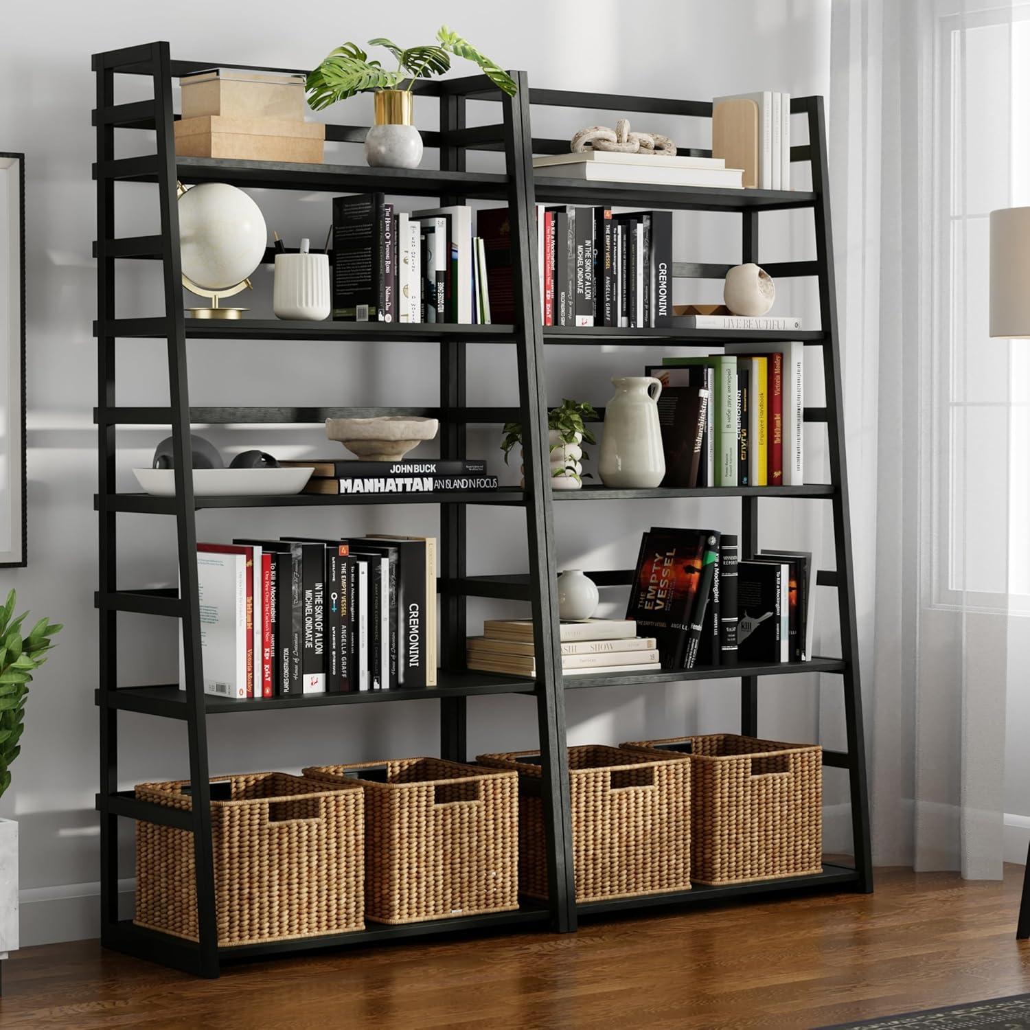 imageSIMPLIHOME Kitchener SOLID WOOD 30 Inch Contemporary Ladder Shelf in Hickory Brown For the Living Room Study Room and OfficeBlack