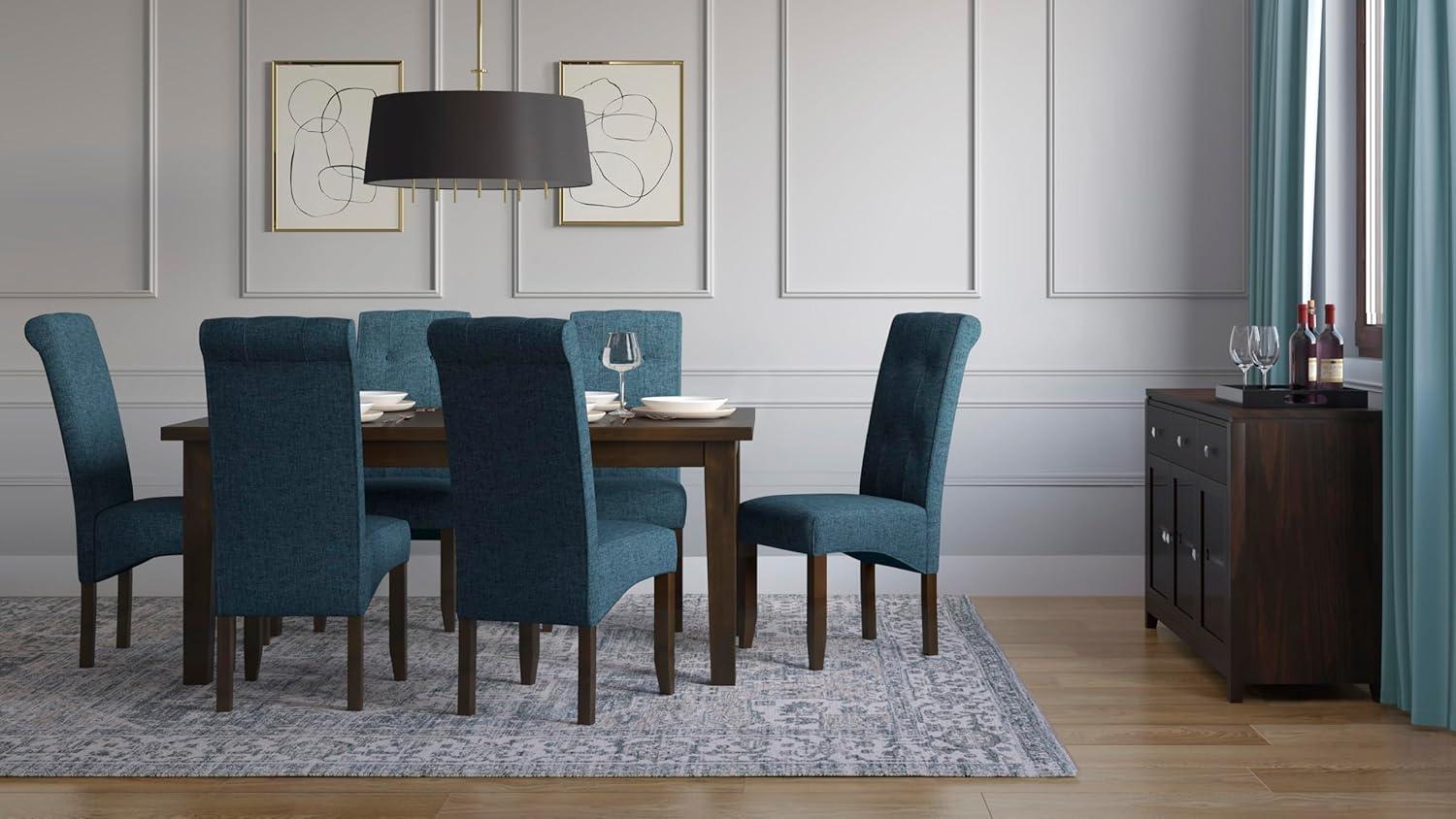 imageSIMPLIHOME Cosmopolitan Dining Chairs Tufted Solid Hardwood and LinenStyle Fabric Parsons Chair Set in Denim Blue Contemporary Dining Room Seating with Curved Back and Cushioned Seat Set of 2Denim Blue