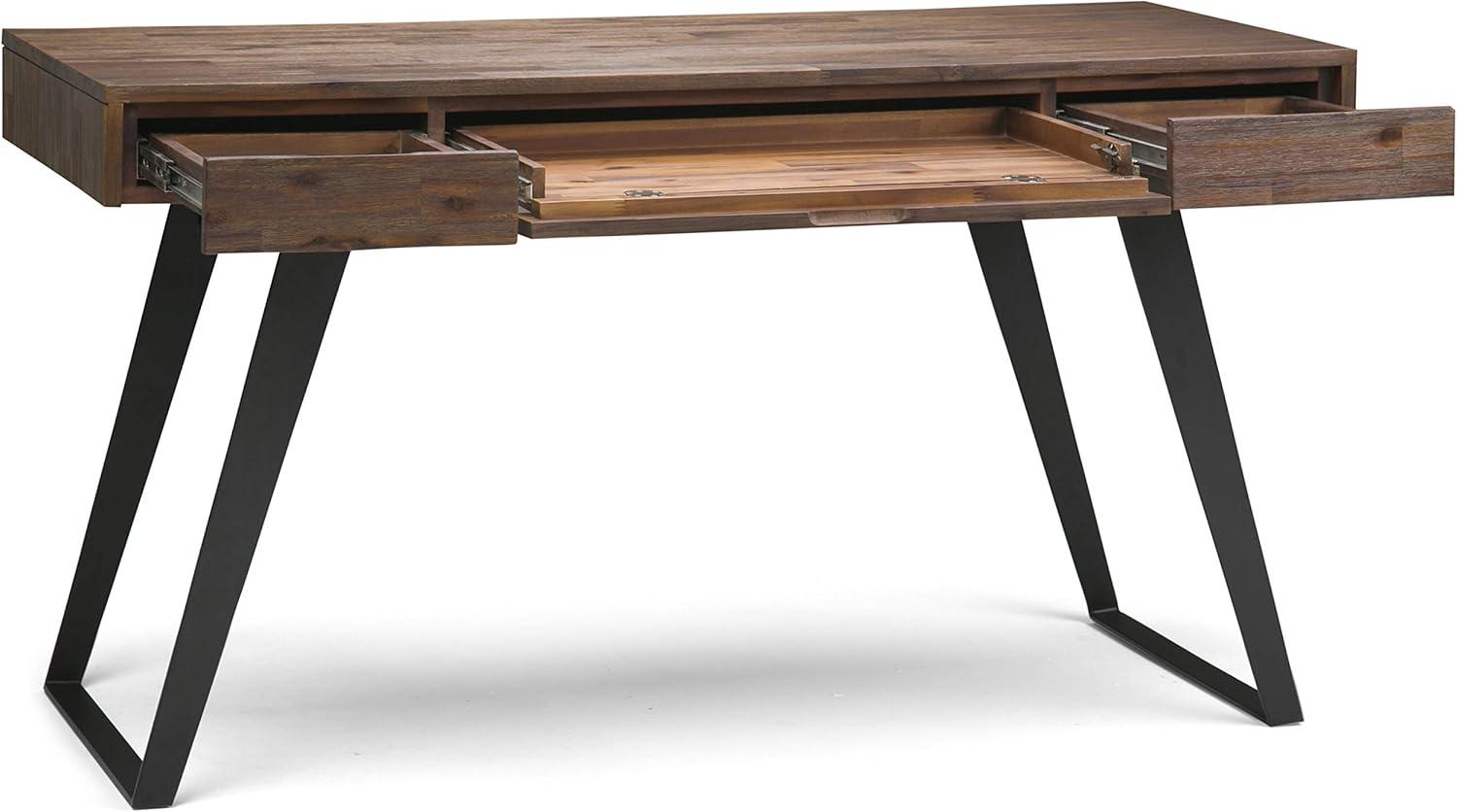 imageSIMPLIHOME Lowry Desk 60 Inch Wide Solid Acacia Wood and Metal Writing Desk in Distressed Charcoal Brown Modern Industrial Home Office Computer Table with 2 Deep Drawers and FlipDown Keyboard TrayRustic Natural Aged Brown