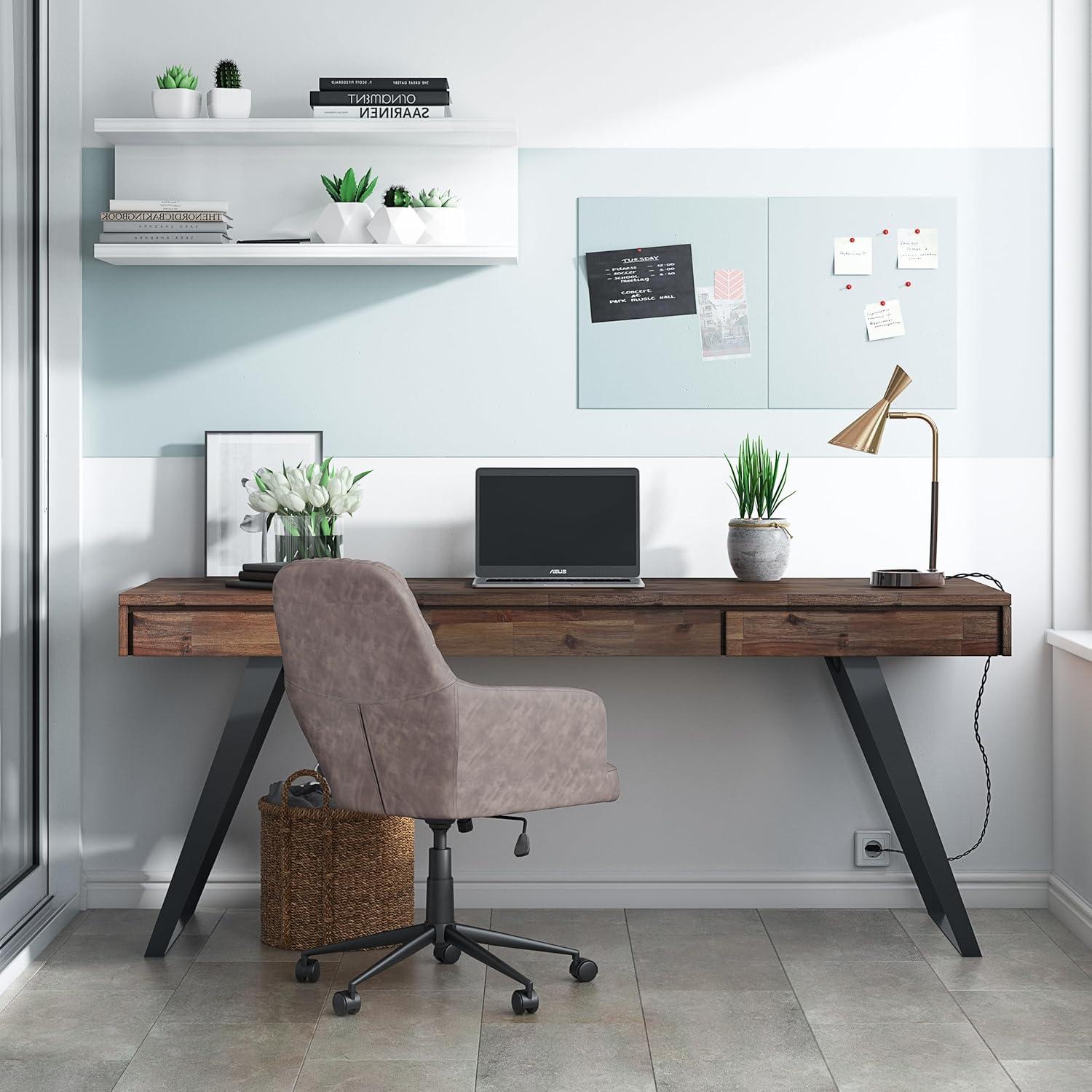 imageSIMPLIHOME Lowry Desk 60 Inch Wide Solid Acacia Wood and Metal Writing Desk in Distressed Charcoal Brown Modern Industrial Home Office Computer Table with 2 Deep Drawers and FlipDown Keyboard TrayRustic Natural Aged Brown