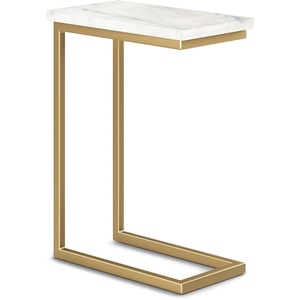 SIMPLIHOME Skyler 16″ Wide Iron Rectangular C-Side Table in White and Black(White Marble/Gold)