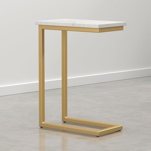 SIMPLIHOME Skyler 16″ Wide Iron Rectangular C-Side Table in White and Black(White Marble/Satin Gold)