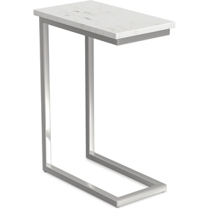 SIMPLIHOME Skyler 16″ Wide Iron Rectangular C-Side Table in White and Black(White Marble/Silver)